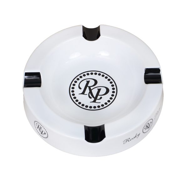 Rocky Patel Cigar Ashtray - Round - White with Black Lettering